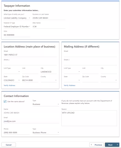 Screenshot of Taxpayer Information Form in Revenue Online