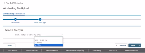 Screenshot of Selecting a File Type for Withholding File Upload in Revenue Online