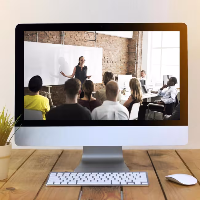 Trainer speaking with a group of professionals in a classroom displayed on a computer screen
