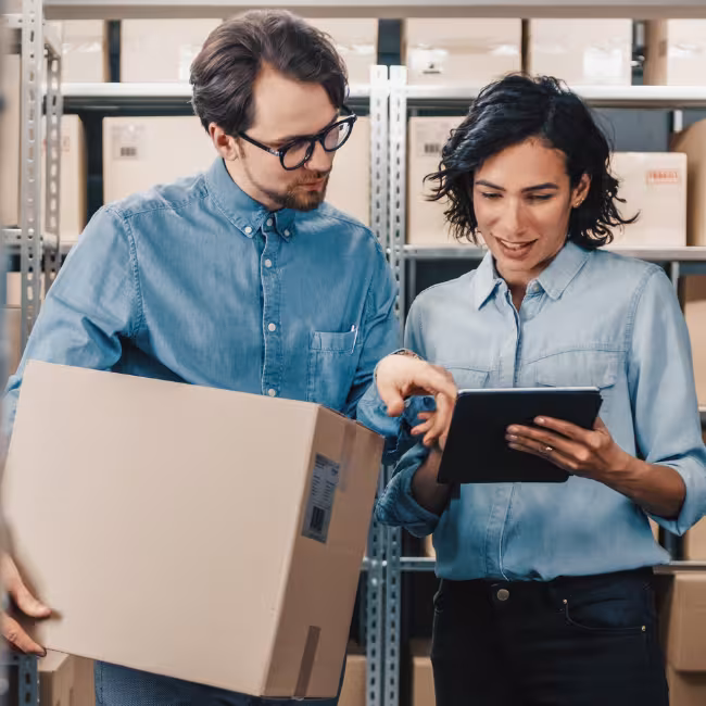 Workers in a warehouse discussing business while looking at a tablet