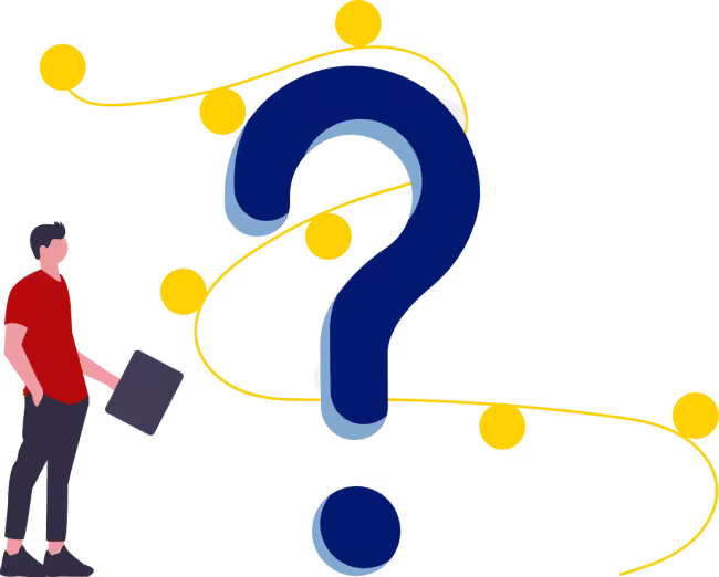 A man standing by a question mark
