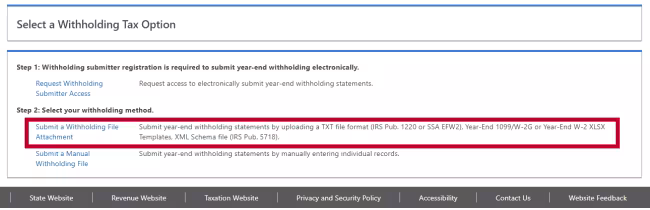 Screenshot of Submit a Withholding File Attachment in Revenue Online