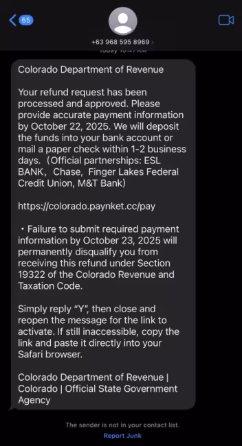Example text message of a fraud text from CDOR