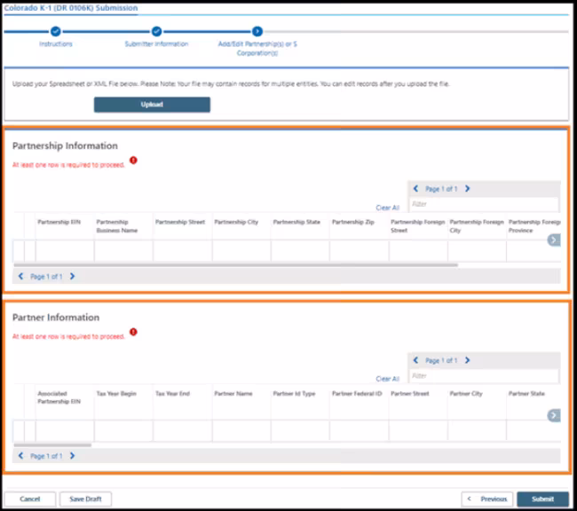 Screenshot of partnership information to be filled out
