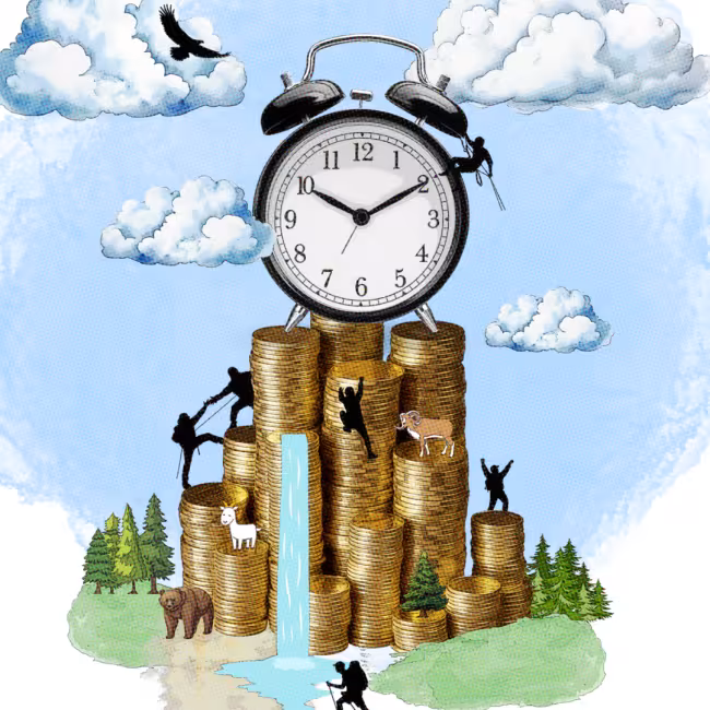Graphic image of a clock sitting on coins and silhouette of people climbing and animals
