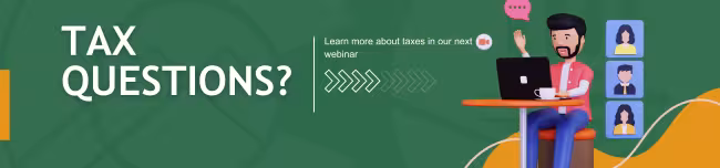 Tax webinar banner with a green background and a 3d image of a male on a computer talking with other people