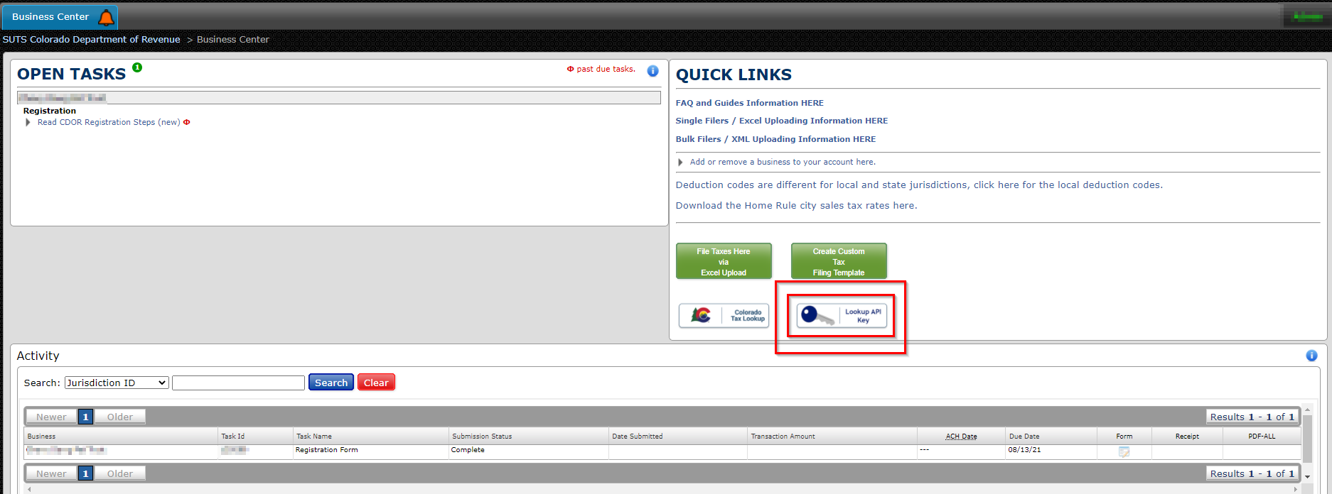 Screenshot of Sales and Use Tax System (SUTS) Homepage