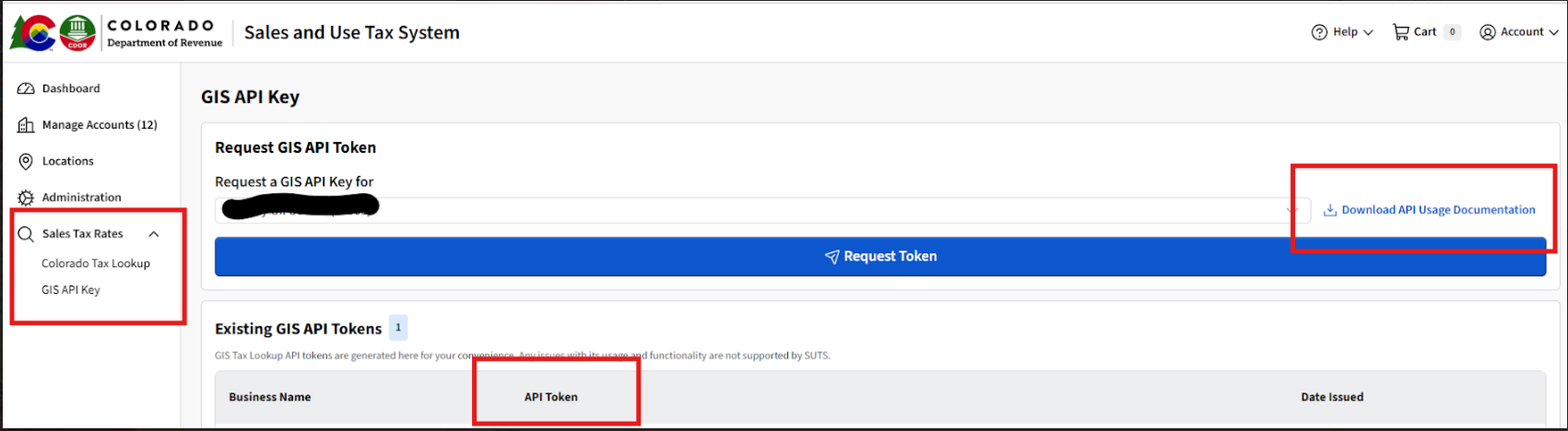 Screenshot of the Colorado Sales and Use Tax System showing the GIS API Key request and existing tokens section.