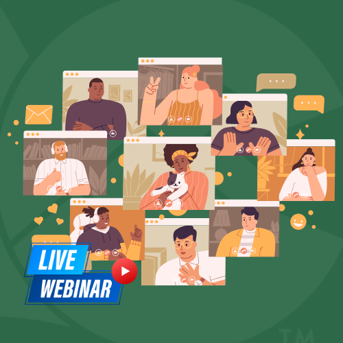 An illustration of a diverse group of people participating in a "Live Webinar."