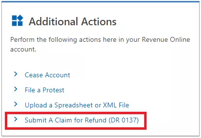 Submit a Claim for Refund (DR 0137) highlighted with a box