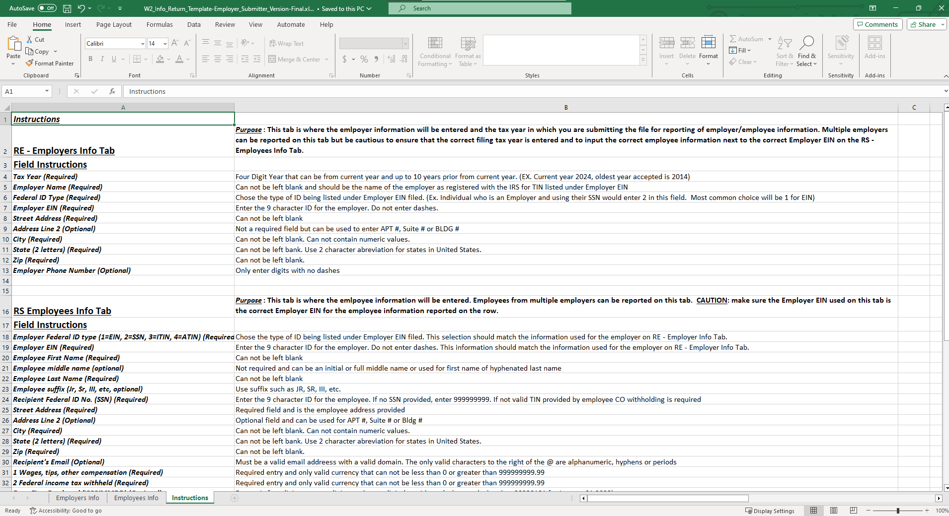 Screenshot of W2 Instructions from Excel Spreadsheet