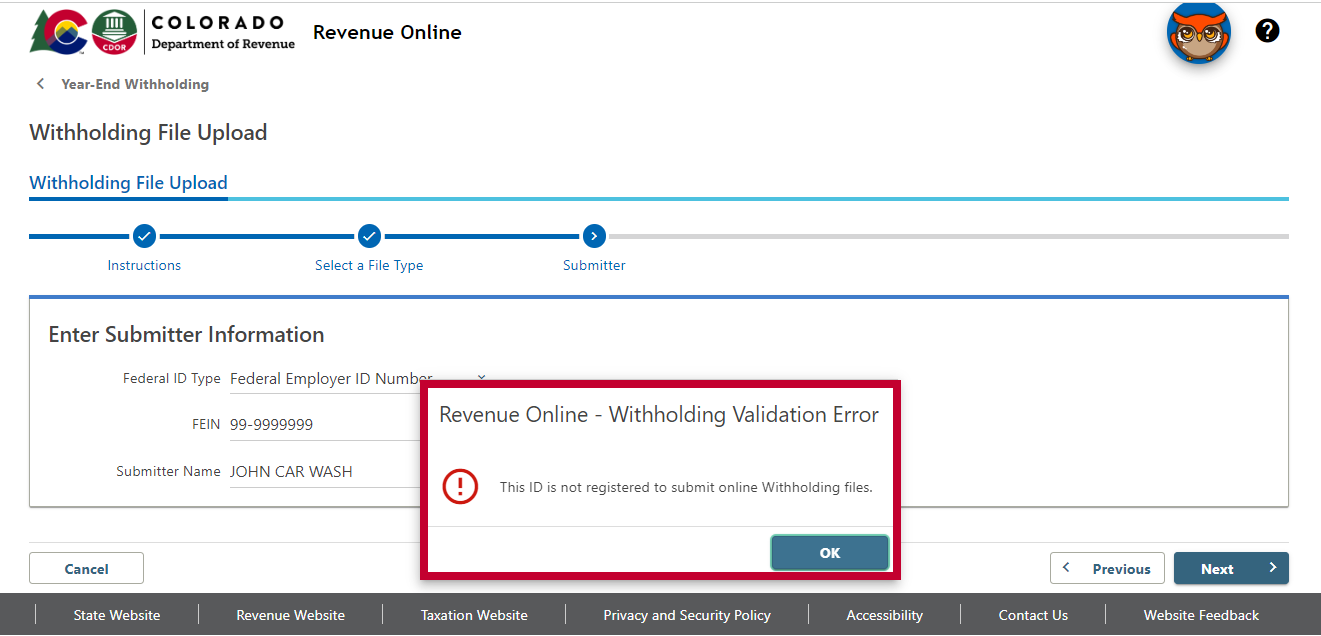 Screenshot of Withholding Submitter Access Validation Error in Revenue Online
