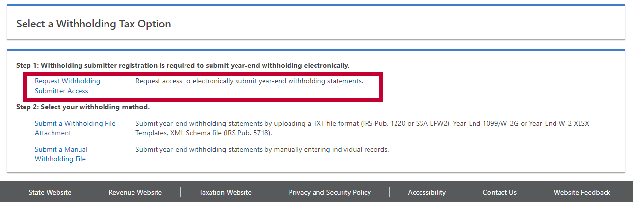 Screenshot of Request Withholding Submitter Access in Revenue Online