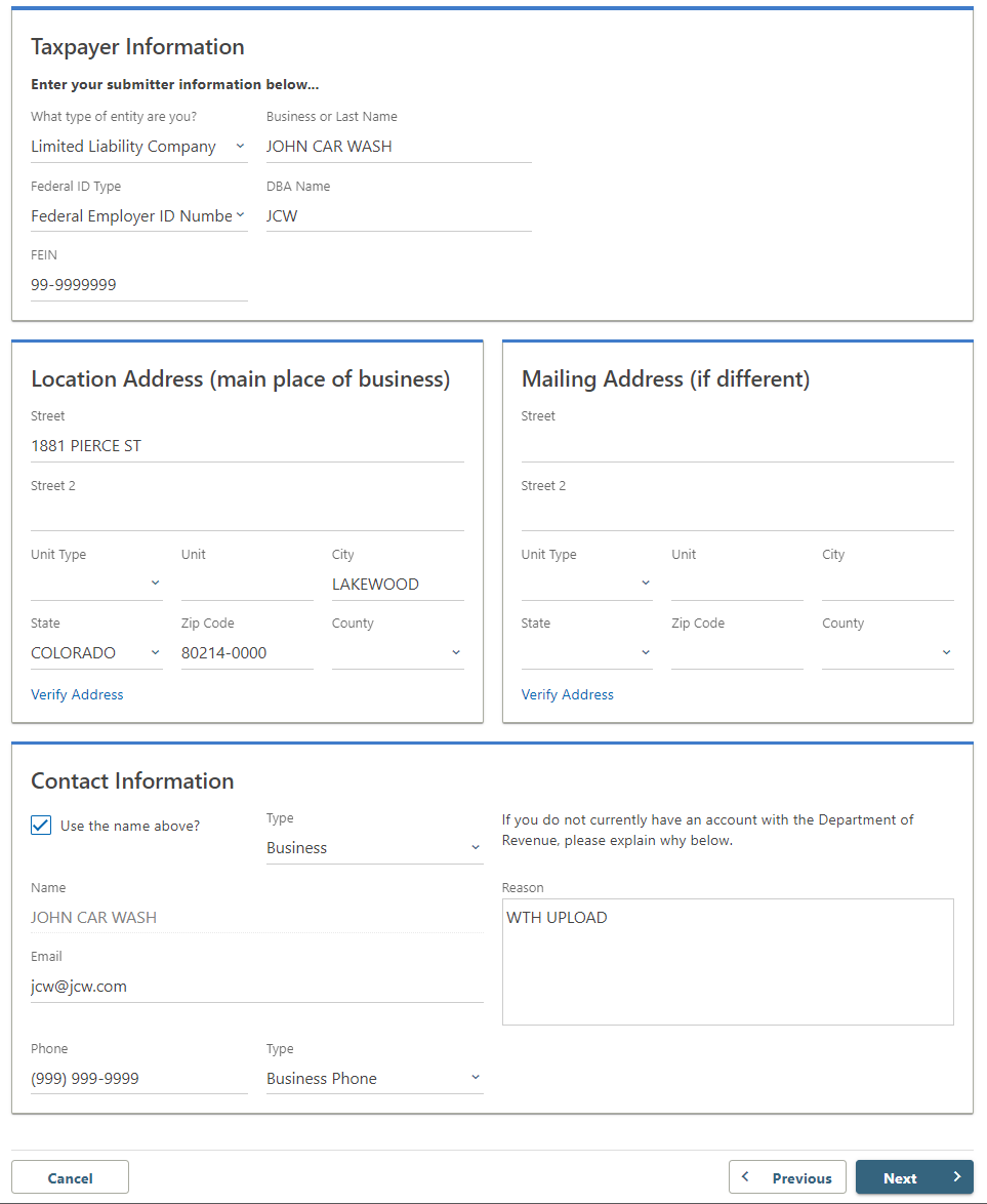 Screenshot of Taxpayer Information Form in Revenue Online