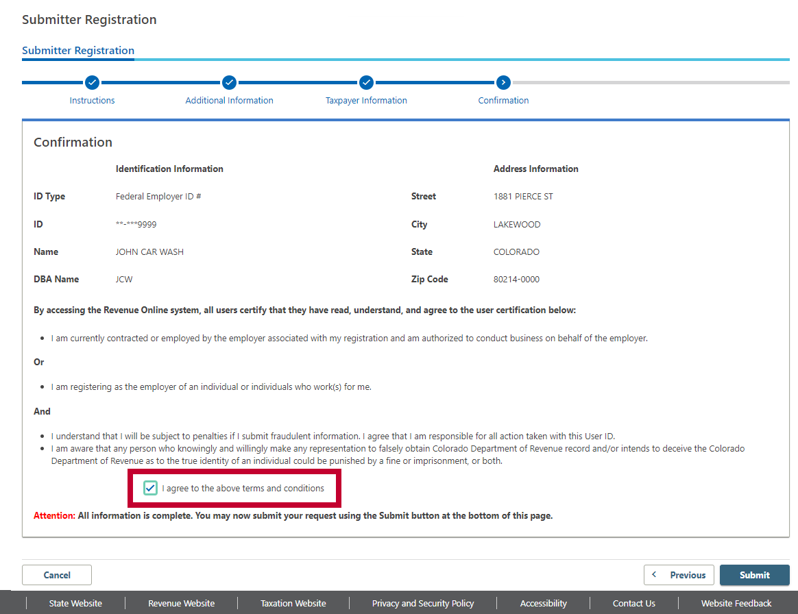 Screenshot of Confirmation Agreement to Terms and Conditions in Revenue Online