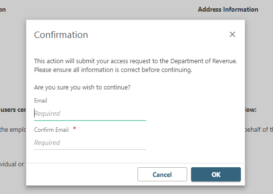 Screenshot of Email Form for Confirmation in Revenue Online