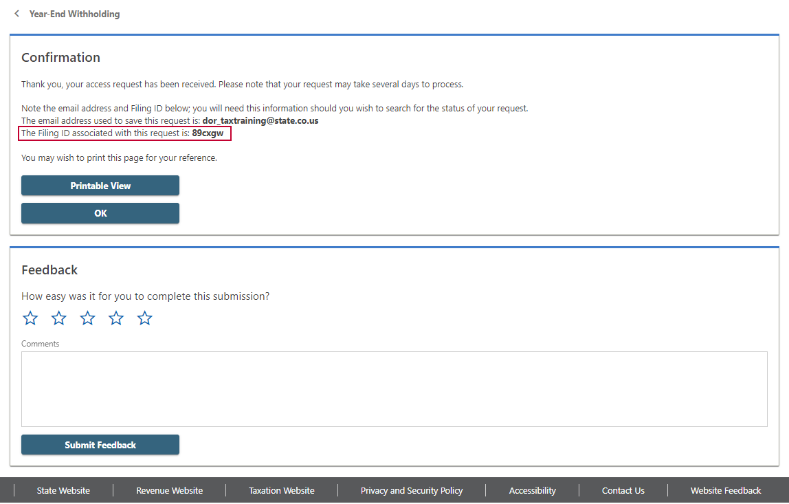 Screenshot of Confirmation and Filing ID in Revenue Online