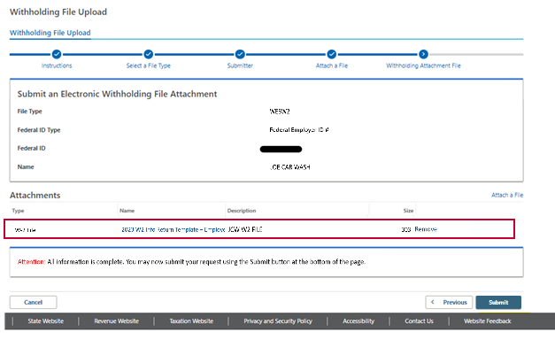 Screenshot of Verify and Submitting a Withholding File in Revenue Online