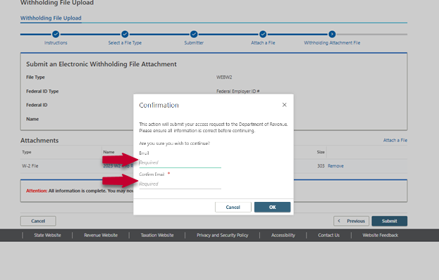 Screenshot of a Pop-Up Confirmation of a Withholding File Upload in Revenue Online