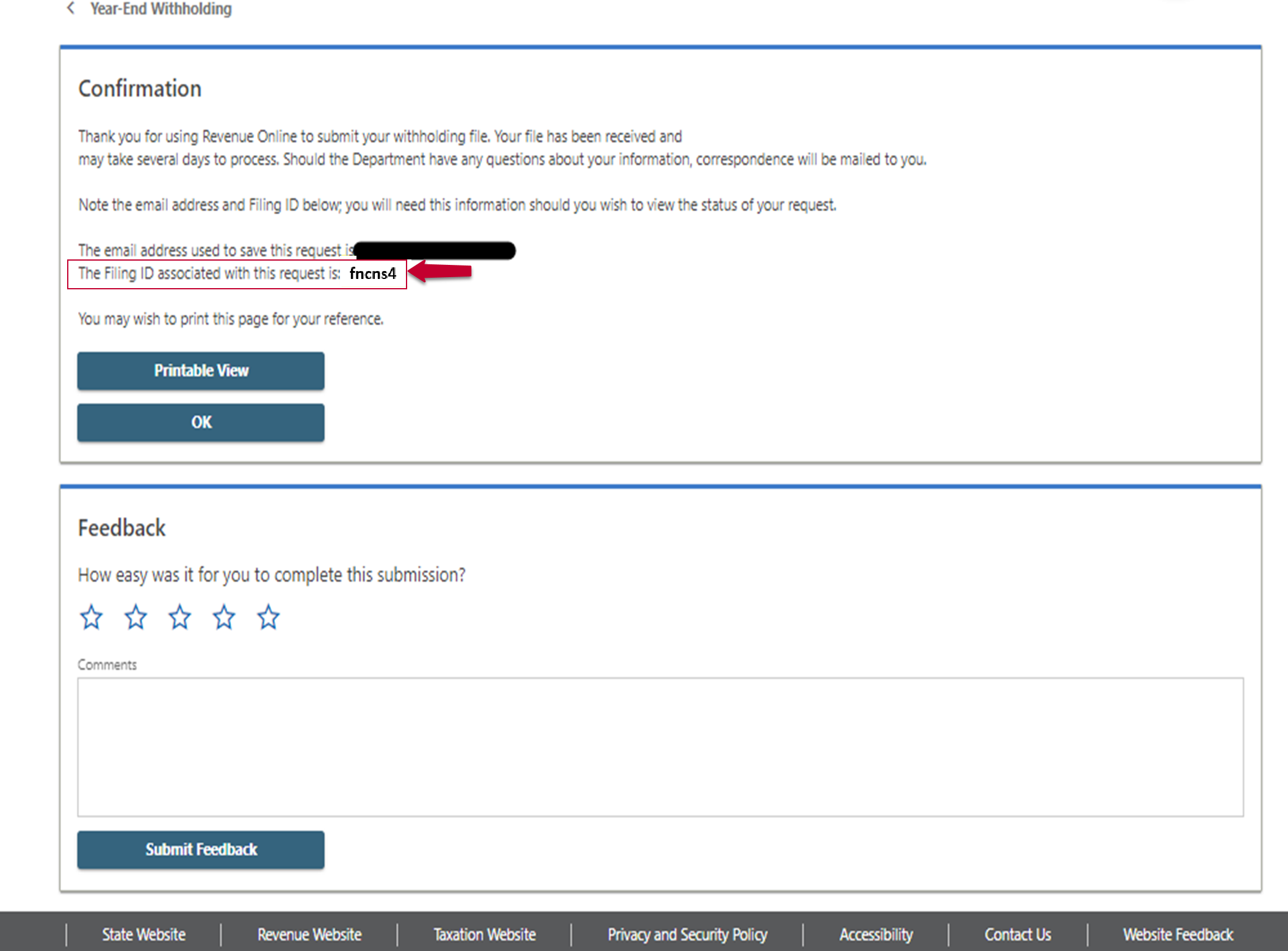 Screenshot of Confirmation and Filing ID of Withholding File Upload in Revenue Online
