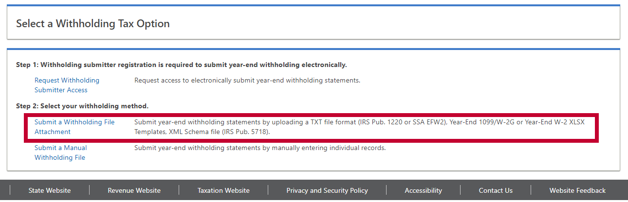 Screenshot of Submit a Withholding File Attachment in Revenue Online