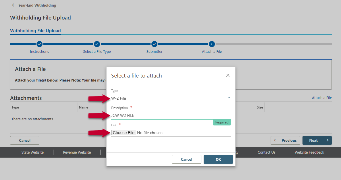 Screenshot of Form Pop Up to Choose Withholding File in Revenue Online