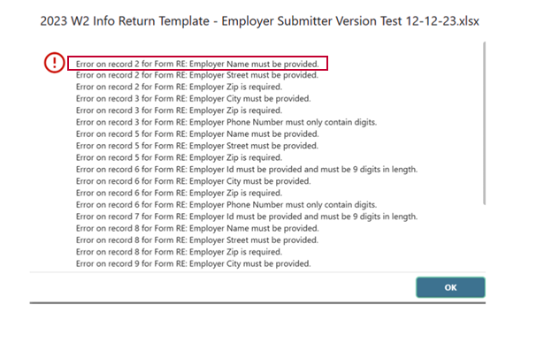 Screenshot of Employer Submitter Errors in Revenue Online