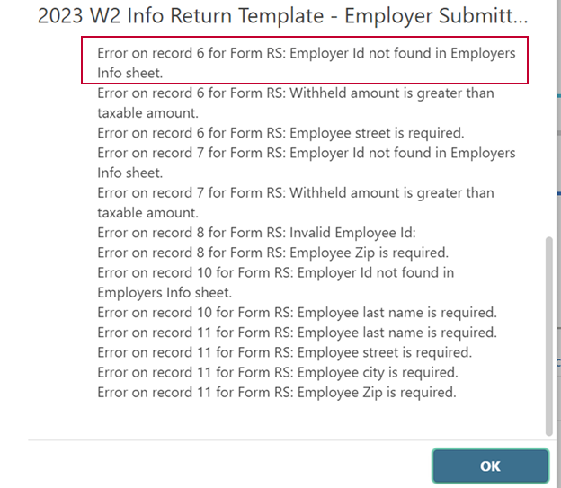 Screenshot of errors on RS sheet in Revenue Online