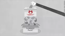 Cartoon image of a hand putting money into a charity box with the money falling out the bottom into a "scammers pocket" box