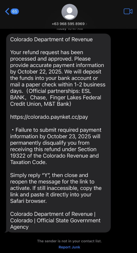 Example text message of a fraud text from CDOR