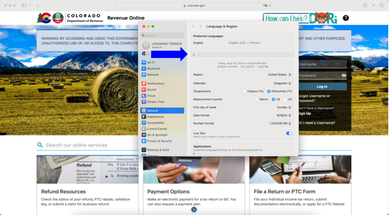 Safari Language and Region window open with arrow pointing to plus sign.