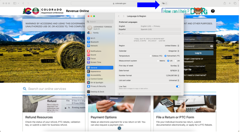 Safari Language and Region window
